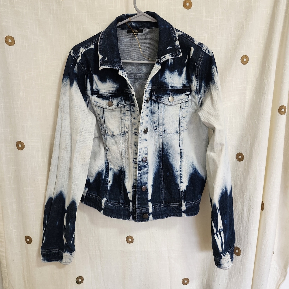 AFRM Blue and White Jean Jacket with Unique Bleached Design